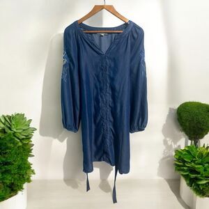 Hope & Harlow Chambray Dress 14P Blue Embroidered Floral Long Sleeve NWT